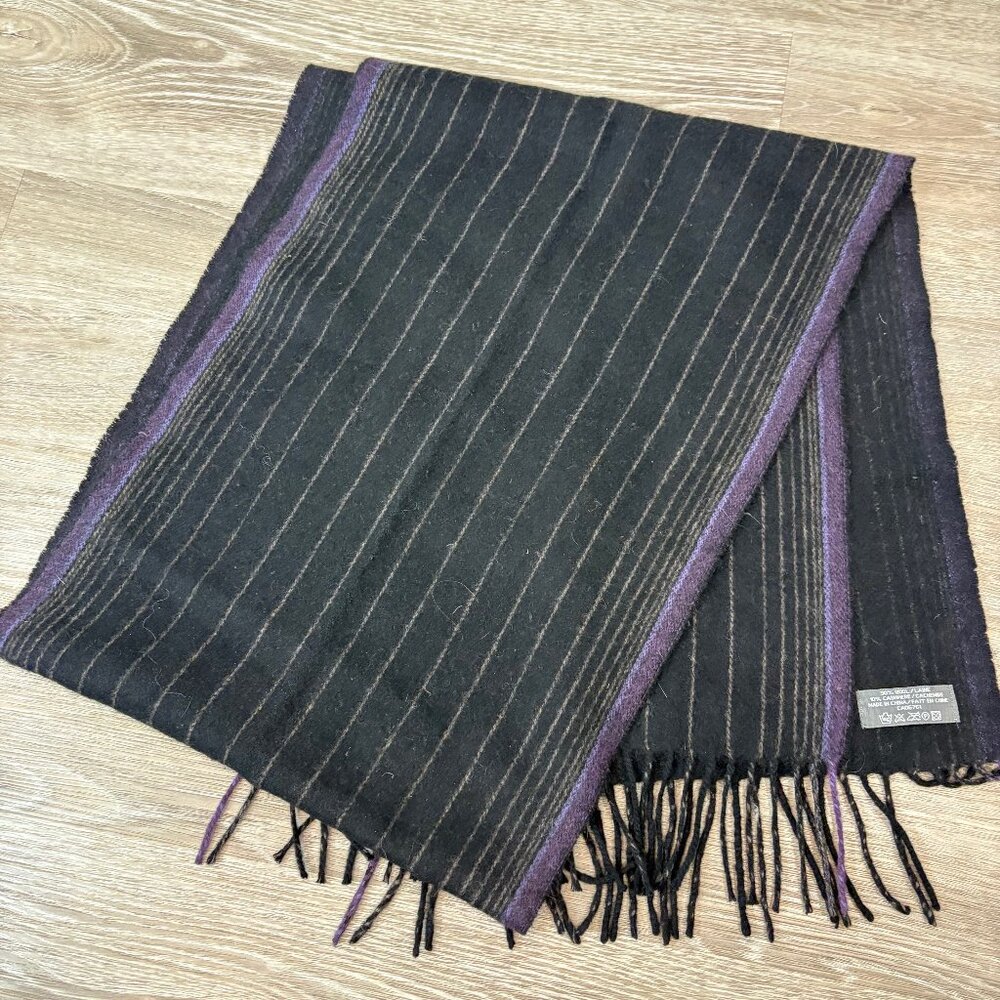 Mens Wool Cashmere Scarf Buisniss Casual Black Purple Striped Scarf 33" x 13"